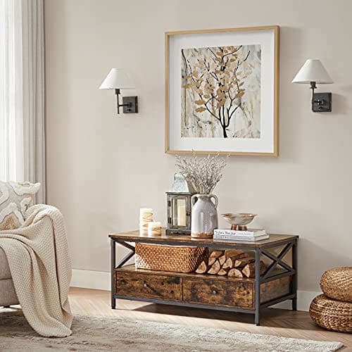 VASAGLE Sofabord, Stuebord, X-formet stålstel, 100 x 55 x 45 cm, brun og sort