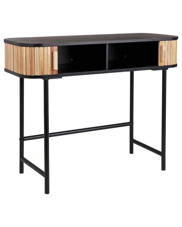 Konsolbord Ljust Trä med Svart MDF Kejsarträ Träfront 2 Dörrar Spånskiva Järnben med Hyllor Modern Förvaringslösning för Sovrum