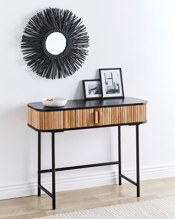 Konsolbord Ljust Trä med Svart MDF Kejsarträ Träfront 2 Dörrar Spånskiva Järnben med Hyllor Modern Förvaringslösning för Sovrum