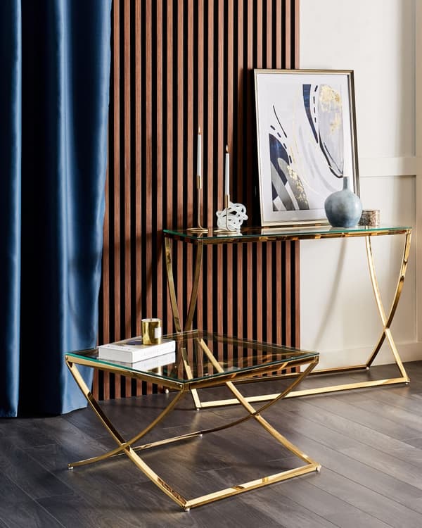 Sohvapöytä lasi kulta ruostumaton teräs kiiltävä pinta chic glamour tyyli