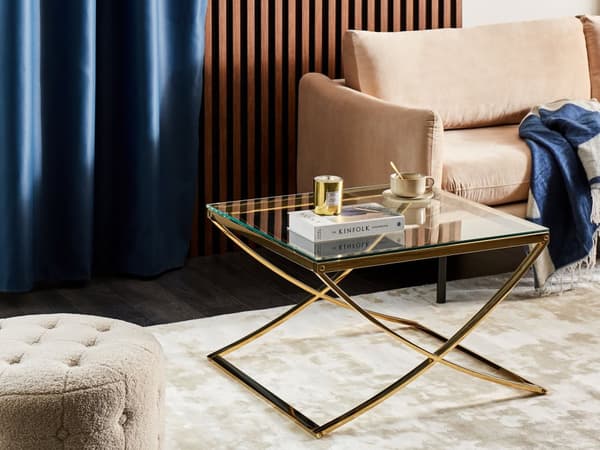 Soffbord med Bordsskiva i Glas Guld Rostfritt Stål Glamour Stil Chic Blank Finish Vardagsrum