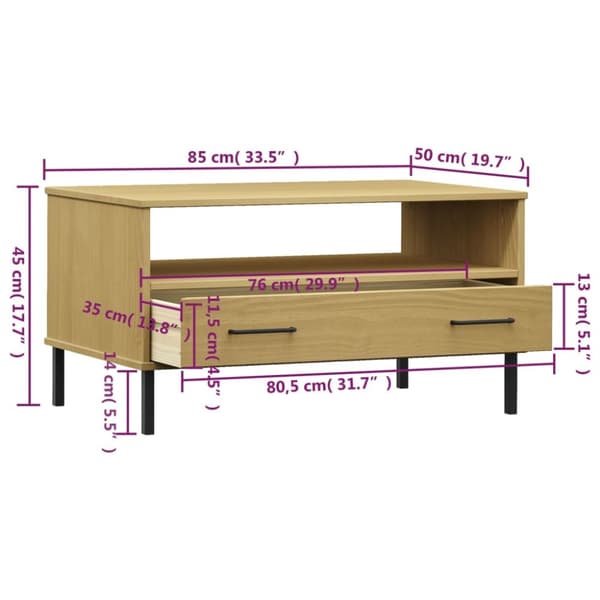 Sohvapöytä metallijaloilla ruskea 85x50x45 cm täyspuu OSLO