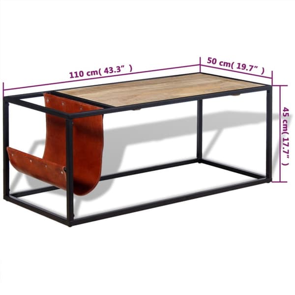 sofabord med ægte læder magasinholder 110x50x45 cm