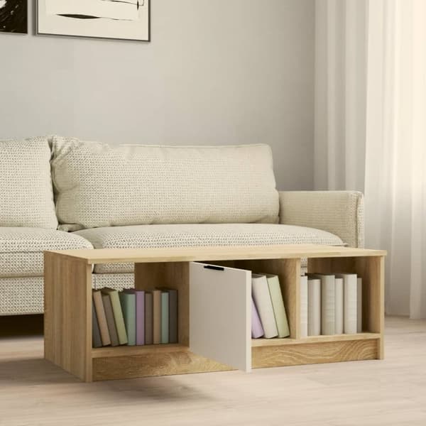 sofabord 102x50x36 cm konstrueret træ hvid og sonoma-eg