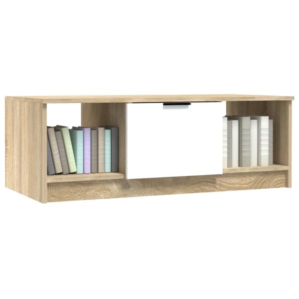 sofabord 102x50x36 cm konstrueret træ hvid og sonoma-eg