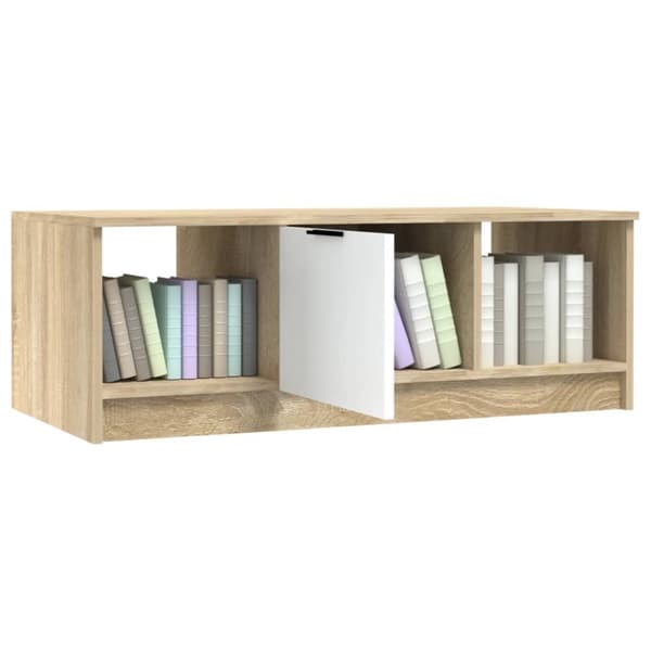 sofabord 102x50x36 cm konstrueret træ hvid og sonoma-eg