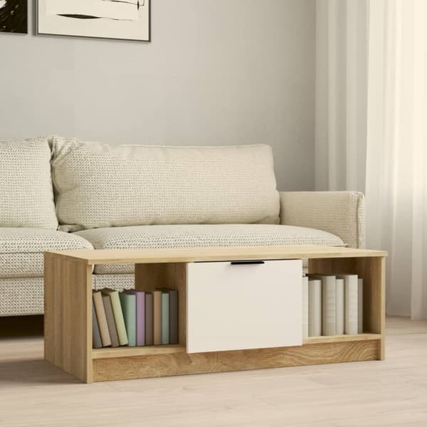 sofabord 102x50x36 cm konstrueret træ hvid og sonoma-eg