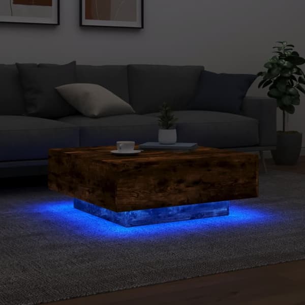 sofabord med LED-lys 80x80x31 cm røget egetræsfarve