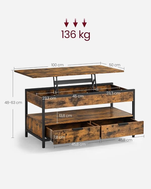 VASAGLE Lift Top sofabord, stuebord, med opbevaringsskuffer, rustik brun og blæk sort