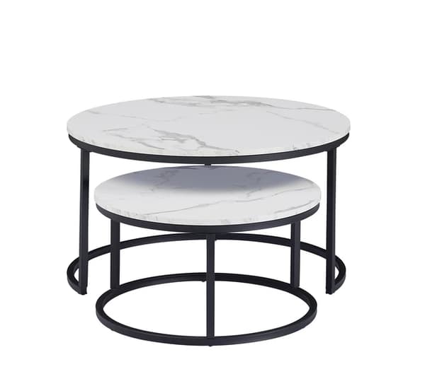 Vardagsrum Kaffebord, Vit Marmorskiva, Metallstöd, 60cm och 40cm