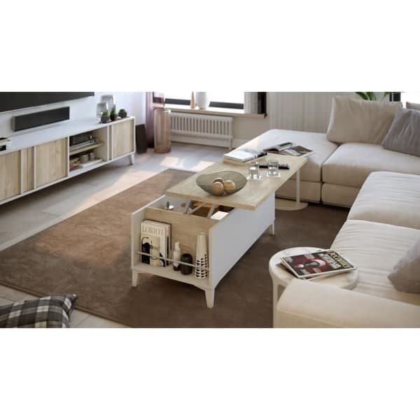 Soffbord med lyftskiva - Vit/Ek - L 100 x D 50/72 x H 42/55 cm - EVAN