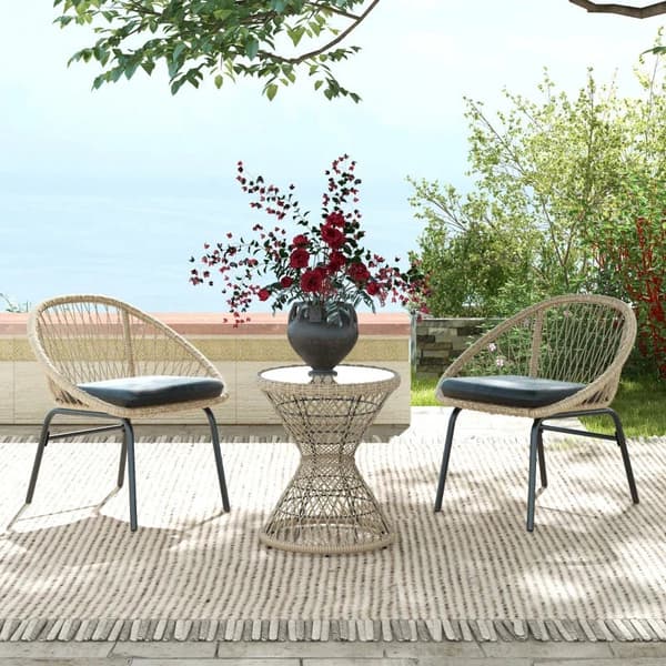 Rootz Sofabord - Sidebord - Havebord - Boho Design - Glasplade - PE Rattan - Naturlig - Lysebrun - 45 cm x 45 cm x 52 cm