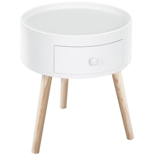Rootz Sofabord Med Skuffe - Sidebord - Rundt - Scandi Design - Beskyttelseskant - Træ - Hvid - Ø38 x H45 cm