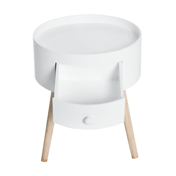 Rootz Sofabord Med Skuffe - Sidebord - Rundt - Scandi Design - Beskyttelseskant - Træ - Hvid - Ø38 x H45 cm