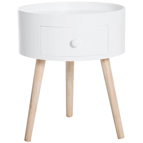 Rootz Sofabord Med Skuffe - Sidebord - Rundt - Scandi Design - Beskyttelseskant - Træ - Hvid - Ø38 x H45 cm