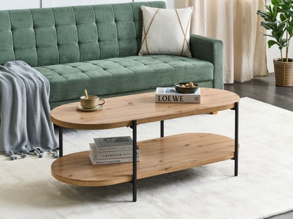 Soffbord Ljust Trä MDF Järn Metallben Ovalt Bord med Hylla 120 x 50 cm Klassisk Modern Design