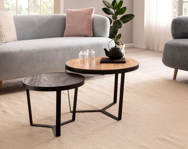 Rootz 2-delat set moderna soffbord - Runda bord - Soffbord - Naturträ ådring - Elegant stenlook - Handgjord - Unik design - Stort bord: 60 cm x 60 cm