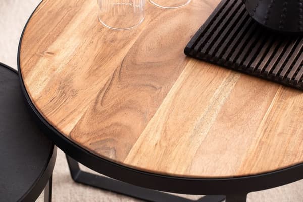 Rootz 2-delat set moderna soffbord - Runda bord - Soffbord - Naturträ ådring - Elegant stenlook - Handgjord - Unik design - Stort bord: 60 cm x 60 cm