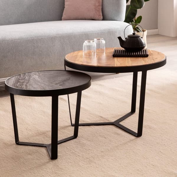 Rootz 2-delat set moderna soffbord - Runda bord - Soffbord - Naturträ ådring - Elegant stenlook - Handgjord - Unik design - Stort bord: 60 cm x 60 cm