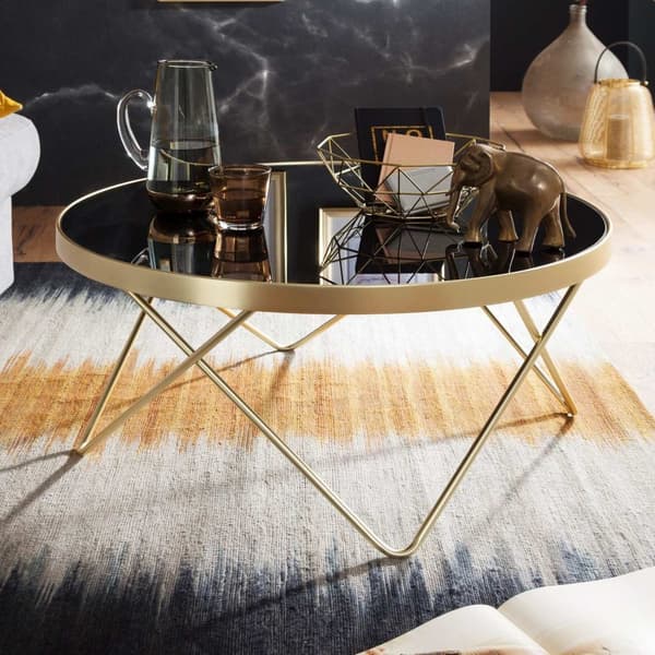 Rootz Retro sofabord - Filigran bordben - Stilfuldt centerbord - V-formede ben - Moderne farveskema - Gyldent stel - Plade af hærdet glas - 39 cm x 82