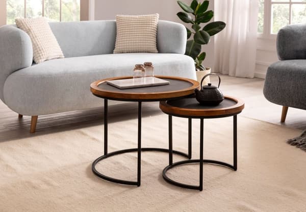 Rootz 2-delt sæt moderne design sofaborde - Runde borde - Håndlavede borde - Naturligt trækorn - Stenlook - 60 cm x 60 cm x 46 cm & 44 cm x 44 cm x 40