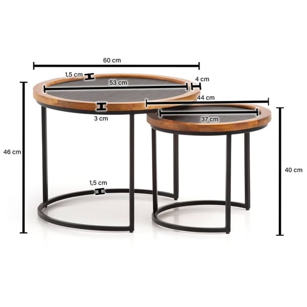 Rootz 2-delt sæt moderne design sofaborde - Runde borde - Håndlavede borde - Naturligt trækorn - Stenlook - 60 cm x 60 cm x 46 cm & 44 cm x 44 cm x 40
