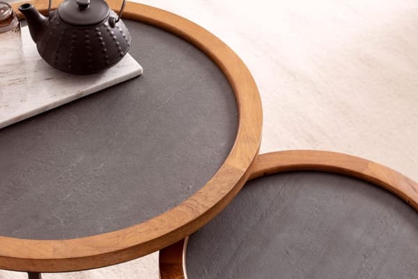 Rootz 2-delt sæt moderne design sofaborde - Runde borde - Håndlavede borde - Naturligt trækorn - Stenlook - 60 cm x 60 cm x 46 cm & 44 cm x 44 cm x 40