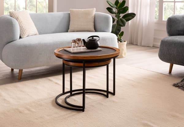 Rootz 2-delt sæt moderne design sofaborde - Runde borde - Håndlavede borde - Naturligt trækorn - Stenlook - 60 cm x 60 cm x 46 cm & 44 cm x 44 cm x 40