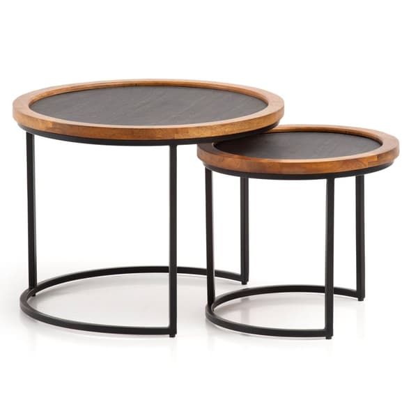Rootz 2-delt sæt moderne design sofaborde - Runde borde - Håndlavede borde - Naturligt trækorn - Stenlook - 60 cm x 60 cm x 46 cm & 44 cm x 44 cm x 40