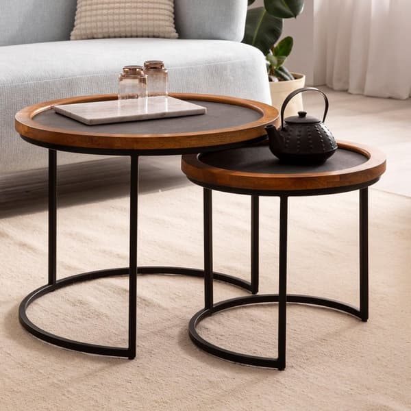Rootz 2-delt sæt moderne design sofaborde - Runde borde - Håndlavede borde - Naturligt trækorn - Stenlook - 60 cm x 60 cm x 46 cm & 44 cm x 44 cm x 40