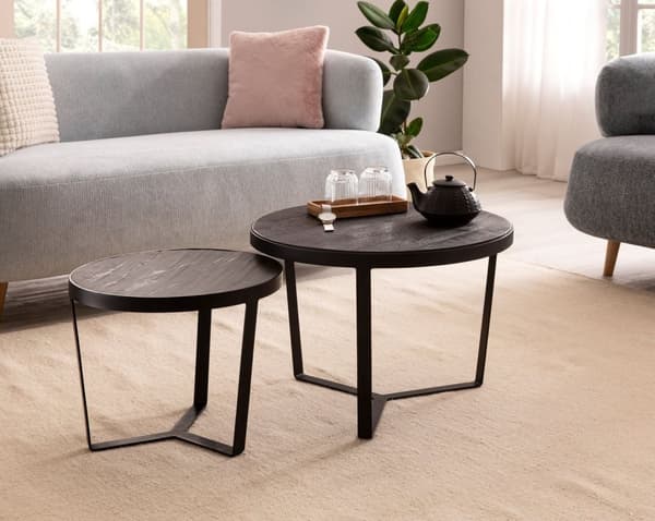 Rootz 2-delade soffbord - Modern design - Runda bord - Naturligt trä ådring - Elegant stenlook - Handgjord - Utrymmesbesparande - Golvskydd - Acaciatr