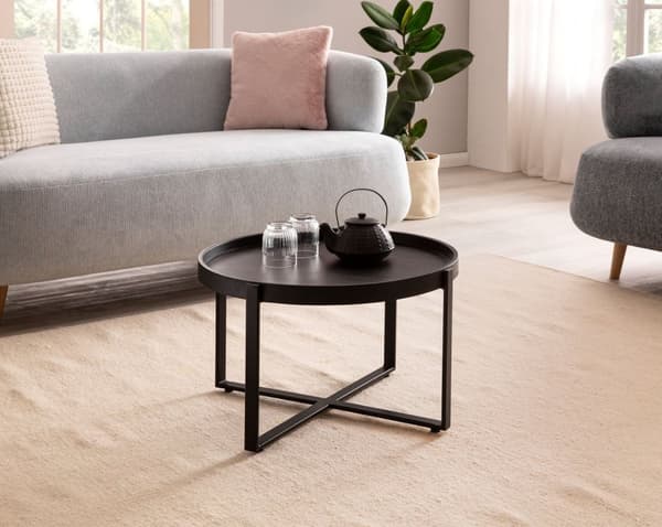 Rootz Pyöreä sohvapöytä - Teollinen muotoilu - Käsintehty - Ainutlaatuinen - Luonnollinen puun syy - 60 cm x 60 cm x 35 cm - Musta - Mango Massiivipuu