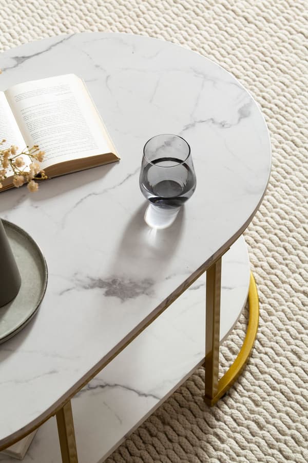 Rootz Modern Design rektangulärt soffbord - Soffbord - Marmorlook - Vit & Guld - Förvaringsområde - Elegant stil - Robust metallram - 100cm x 60cm x 4