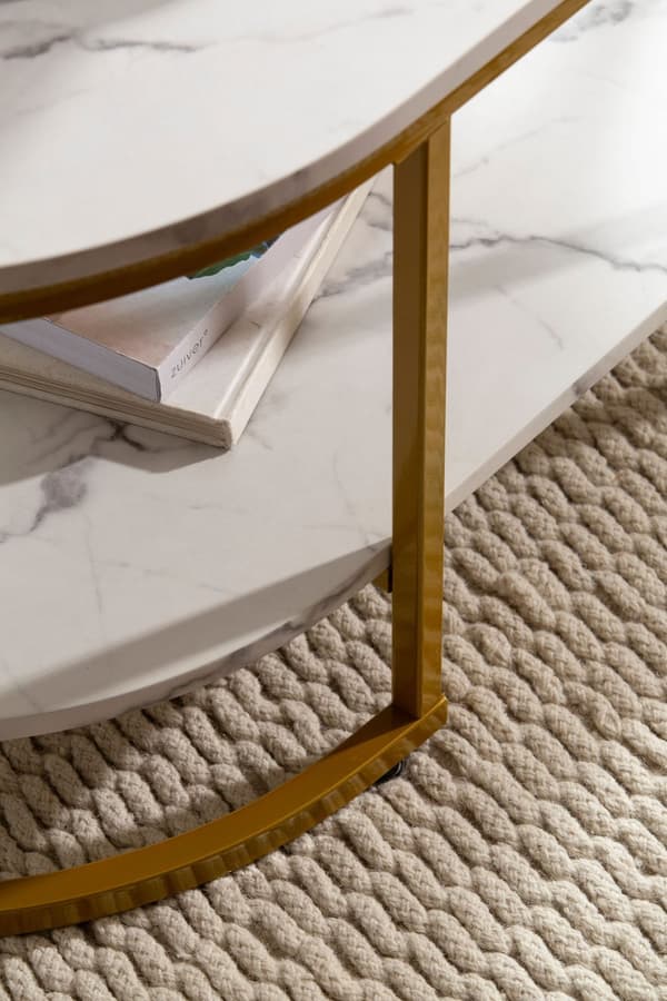 Rootz Modern Design rektangulärt soffbord - Soffbord - Marmorlook - Vit & Guld - Förvaringsområde - Elegant stil - Robust metallram - 100cm x 60cm x 4