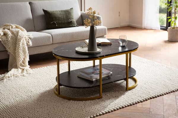 Moderne rektangulært sofabord - Sort og guld - Marmorlook - Afrundede hjørner - 100 cm x 60 cm x 45 cm - Opbevaringsområde - Robust metalstel - Elegan