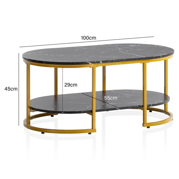 Moderne rektangulært sofabord - Sort og guld - Marmorlook - Afrundede hjørner - 100 cm x 60 cm x 45 cm - Opbevaringsområde - Robust metalstel - Elegan