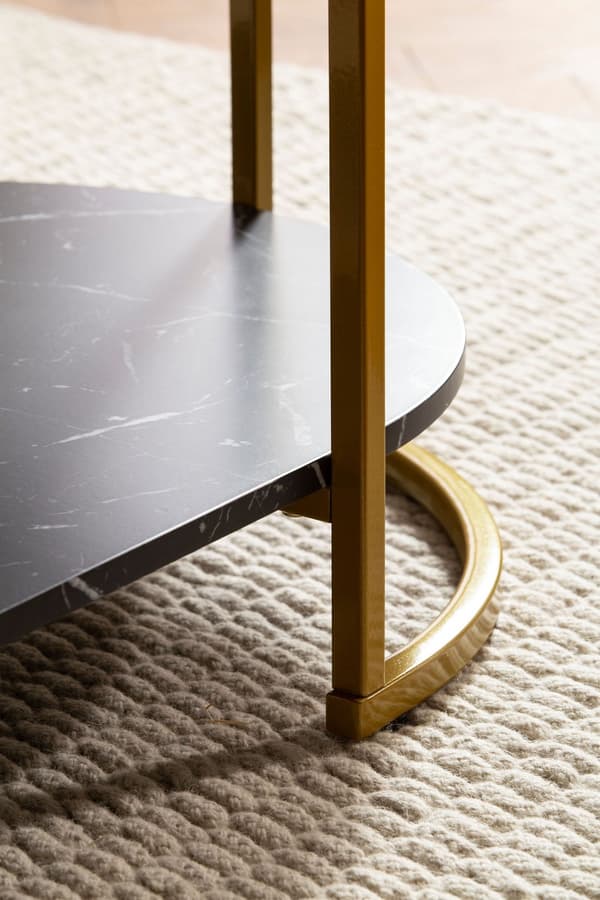 Moderne rektangulært sofabord - Sort og guld - Marmorlook - Afrundede hjørner - 100 cm x 60 cm x 45 cm - Opbevaringsområde - Robust metalstel - Elegan