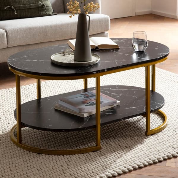 Moderne rektangulært sofabord - Sort og guld - Marmorlook - Afrundede hjørner - 100 cm x 60 cm x 45 cm - Opbevaringsområde - Robust metalstel - Elegan