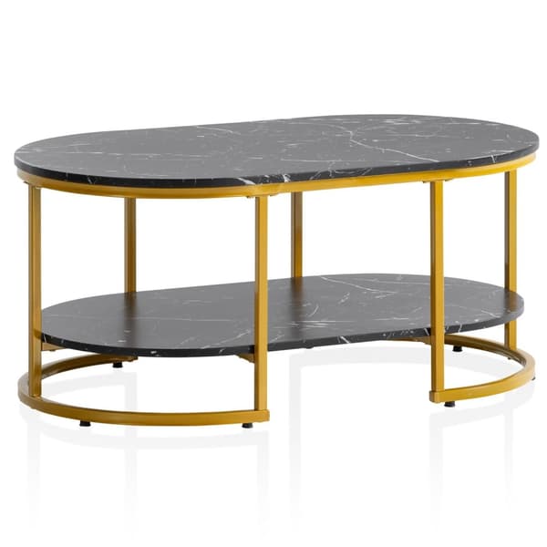 Moderne rektangulært sofabord - Sort og guld - Marmorlook - Afrundede hjørner - 100 cm x 60 cm x 45 cm - Opbevaringsområde - Robust metalstel - Elegan