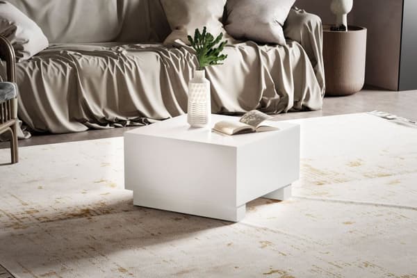 Rootz Elegant Sofabord - Kubebord - Højglans finish - Hvid - Fjernbetjeningsopbevaring - Alsidigt design - 60 cm x 60 cm x 35 cm