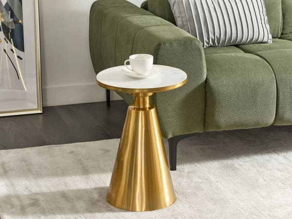Sidobord Vit och Guld Metall Sten Bas Rund Geometrisk Form Modernt Ändbord
