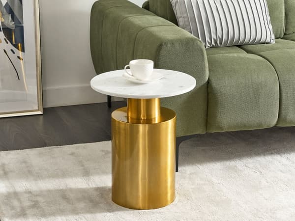 Sidobord Vit och Guld Metall Sten Bas Rund Geometrisk Form Modernt Ändbord