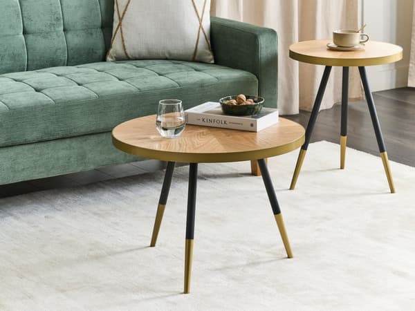 Rundt Sort Sofabord med Gyldne Elementer Træplade Metalben Moderne Design