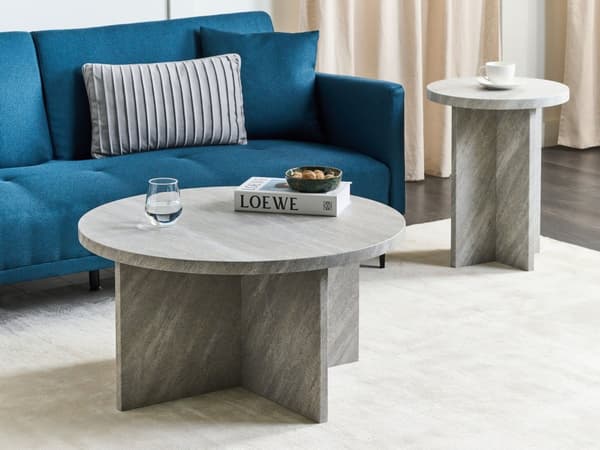 Sidebord grå beton med steneffekt 55 x 42 cm rundt X-base moderne stil stue opholdsrum