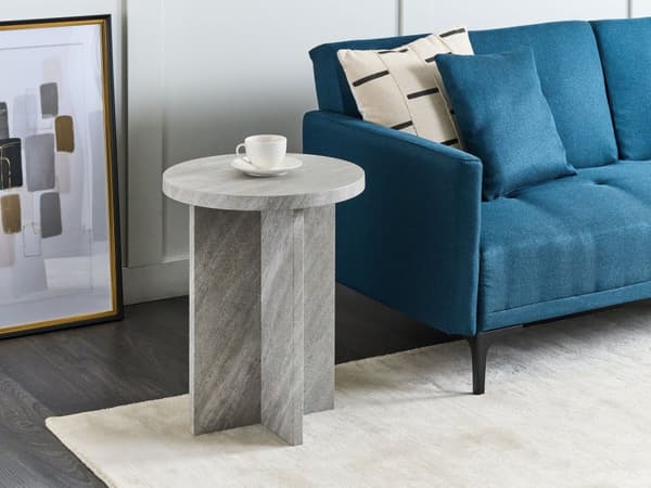 Sidebord grå beton med steneffekt 55 x 42 cm rundt X-base moderne stil stue opholdsrum