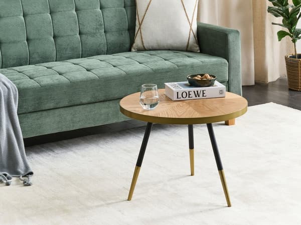 Sofabord Mørkt Træ ø 61 cm Rundt Bord med Gylden Ben til Sofa Stue Tilbehør