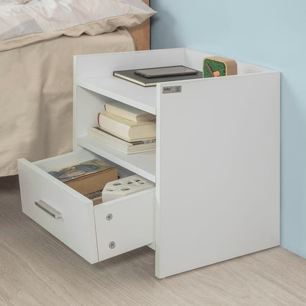 Rootz Natbord Hvid - Sidebord - Sengebord - Spånplade med melaminfinish - Alsidig opbevaring med 2 hylder og skuffe - Ideel til soveværelse, gang, kon