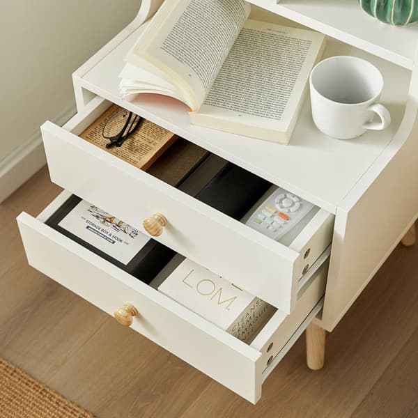 Rootz Sängbord - Nattduksbord - Soffbord - Rymlig förvaring med 4 fack och 2 lådor - Moderna furudetaljer - Slitstarkt PB-material - 43cm x 81cm x 36c