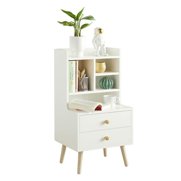 Rootz Sängbord - Nattduksbord - Soffbord - Rymlig förvaring med 4 fack och 2 lådor - Moderna furudetaljer - Slitstarkt PB-material - 43cm x 81cm x 36c