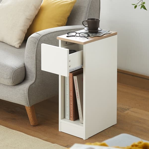 Rootz Sängbord Set med 2 - Soffbord - Sidobord - Vit - Med låda - Förbättrad stabilitet med fotkuddar - Perfekt för sovrum och vardagsrum - 20 cm x 60